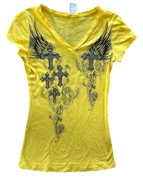 Megal Y2K Yellow Rhinestone Cross Wings Graphic Fitted Tee Size S